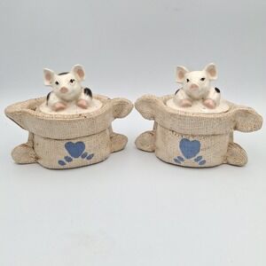 Pigs In A Burlap Bag Blue Heart‎ Ceramic Kitchen Jars 4.5 Inches Set Of 2